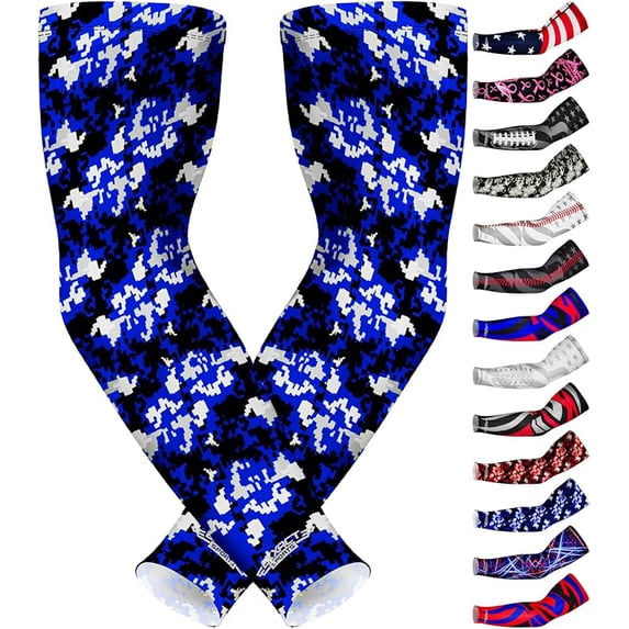 Exxact Sports Compression Arm Sleeves for Men & Women, 1 Pair Performance Sleeves for Baseball, Football, Youth & Adult Sizes - (Blue Camo, AXL)