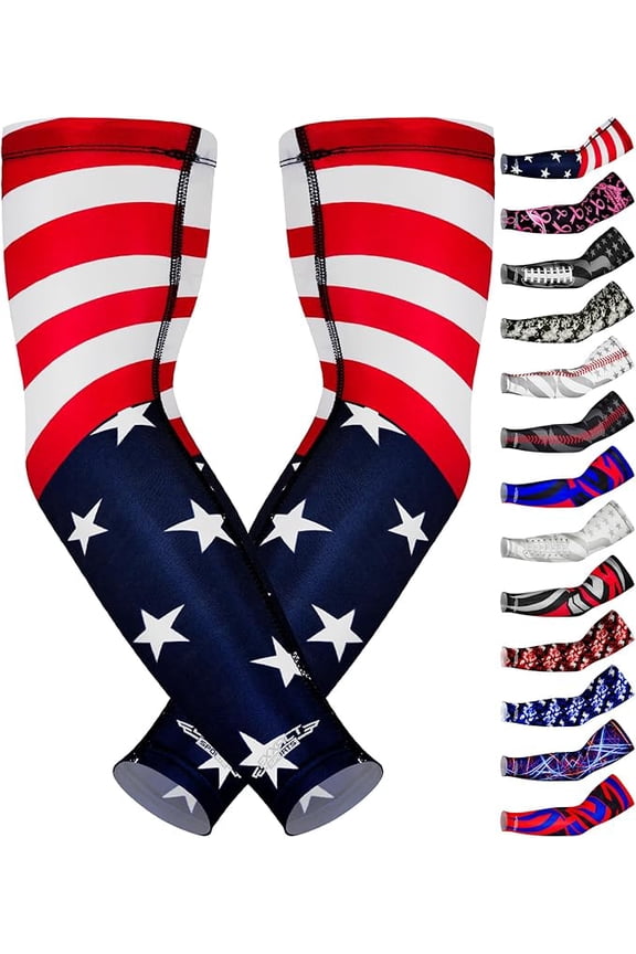 Compression Arm Sleeves for Men & Women, 1 Pair Performance Sleeves for Baseball, Football, Youth & Adult Sizes - (USA Flag, AL)