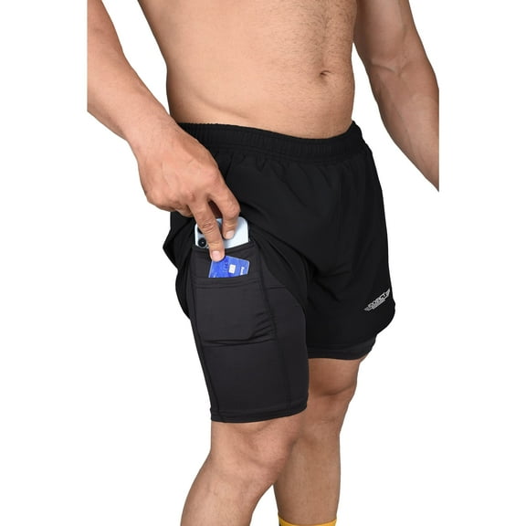 Exxact Sports 2 in 1 Shorts Men - Athletic Shorts with Compression Liner Men, Dry Fit Running Shorts with Phone Pocket (Black, AS)