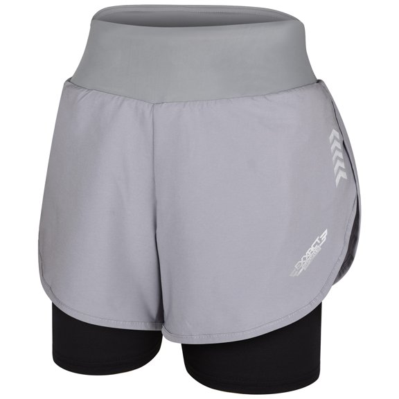 Exxact Sports 2 in 1 Shorts Women - Athletic Shorts with Spandex Underneath, Dry Fit Running Shorts with Pockets Women (Gray Silver, AL)