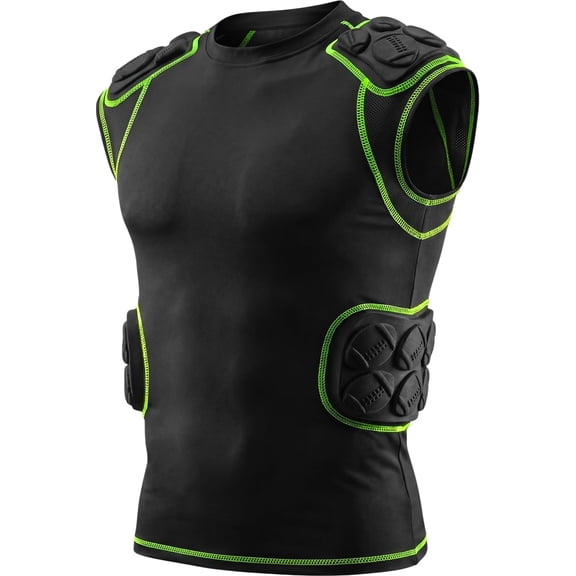 Exxact Sports Defender Adult Padded Football Shirt - Football Rib Protector with Shoulder & Spine Football Pads, 5-Pad Football Compression Shirt (Black, Adult Large)