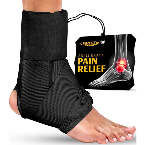 Exxact Sports Ankle Brace Adjustable Lace Up Ankle Brace for Running, Sprain,Basketball, Injury Recovery, Ankle Support Brace and Stabilizer for Men, Women, and Children (Black, Medium)