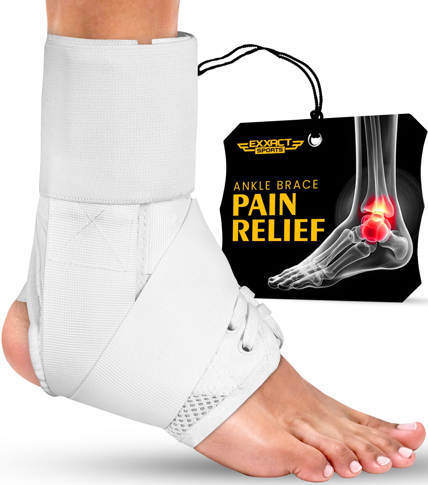 Exxact Sports Ankle Brace Adjustable Lace Up Ankle Brace for Running, Sprain,Basketball, Injury Recovery, Ankle Support Brace and Stabilizer for Men, Women, and Children (White, Medium)