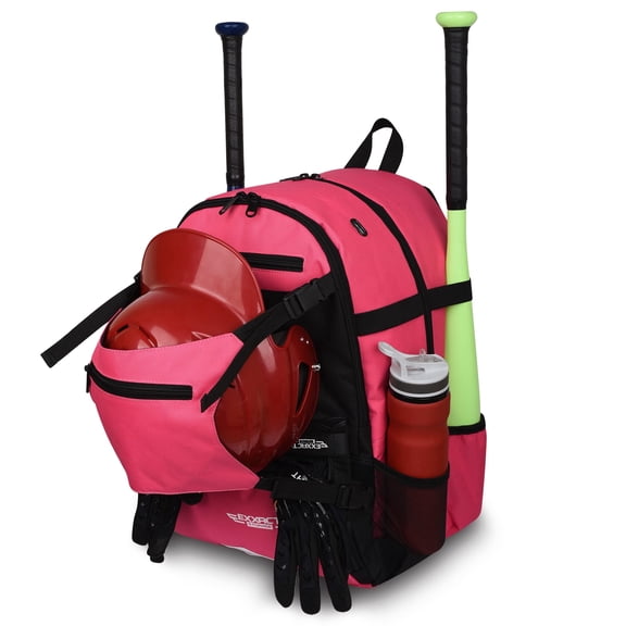 Exxact Sports Baseball Bag for Boys and Girls, Softball Bag Backpack with Helmet Holder, Includes Shoe Compartment, Fence Hook, Holds Glove and Bat (Pink)