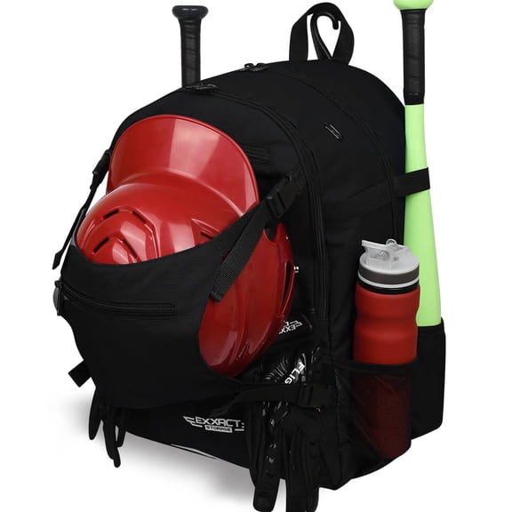 Exxact Sports Baseball Bag for Boys and Girls, Softball Bag Backpack with Helmet Holder, Includes Shoe Compartment, Fence Hook, Holds Glove and Bat (Black)