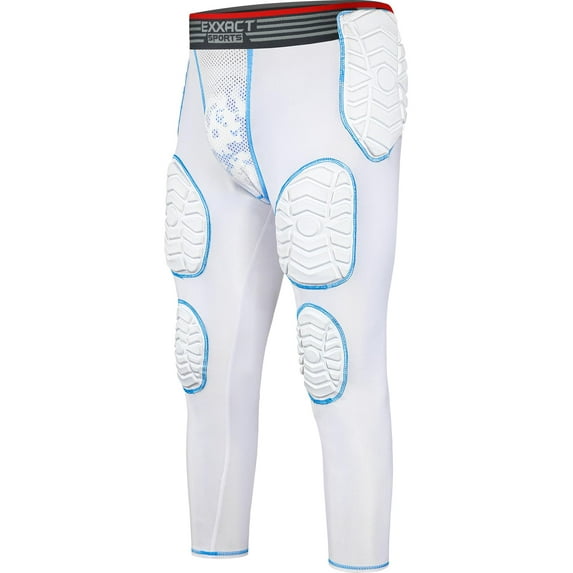 Exxact Sports Combat Men's Padded Compression Leggings, 7-Pad Football Girdle Pants with Cup Pocket, Integrated Hip, Thigh, Knee & Tailbone Protection for Game-Day (White, AS)