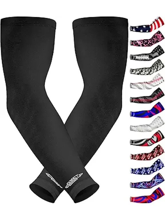 Compression Arm Sleeves for Men & Women, 1 Pair Performance Sleeves for Baseball, Football, Youth & Adult Sizes - (Black Solid, AM)