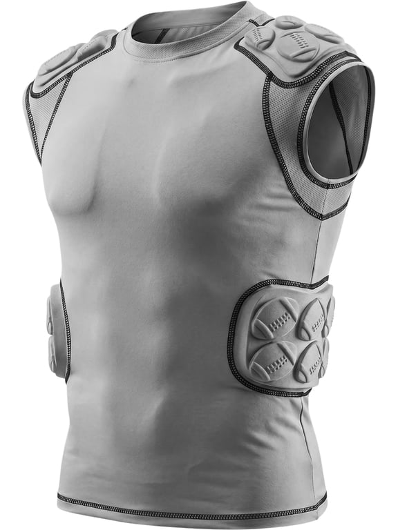 Defender Youth Padded Football Shirt - Football Rib Protector with Shoulder & Spine Football Pads, 5-Pad Football Compression Shirt (Grey, Youth Small)