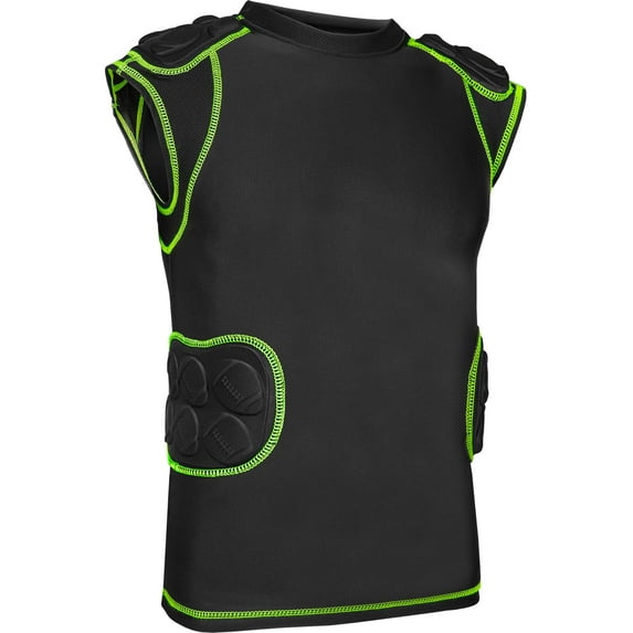 Exxact Sports Defender Adult Padded Football Shirt - Football Rib Protector with Shoulder & Spine Football Pads, 5-Pad Football Compression Shirt (Black, Youth Small)