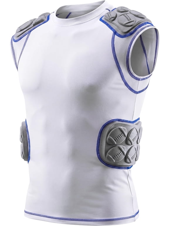 Defender Adult Padded Football Shirt - Football Rib Protector with Shoulder & Spine Football Pads, 5-Pad Football Compression Shirt (White, Adult Small)