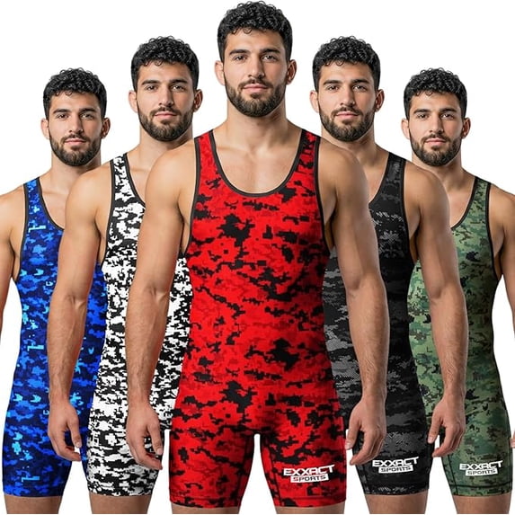 Exxact Sports Digital Camouflage Men's Wrestling Singlet, High-Performance Powerlifting Singlet, Wrestling Singlets for Men (AL, Red Camo)