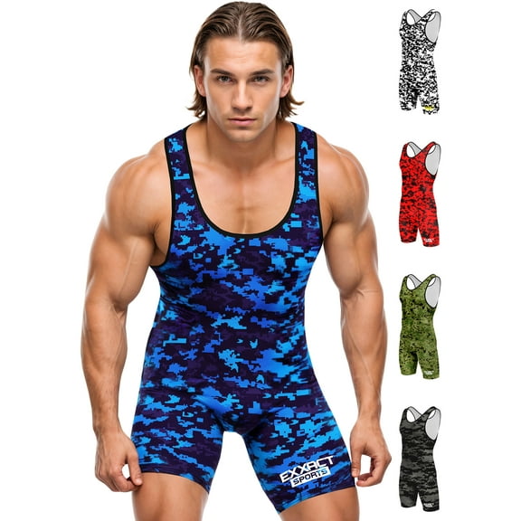 Exxact Sports Digital Camouflage Men's Wrestling Singlet, High-Performance Powerlifting Singlet, Wrestling Singlets for Men (AS, Blue Camo)