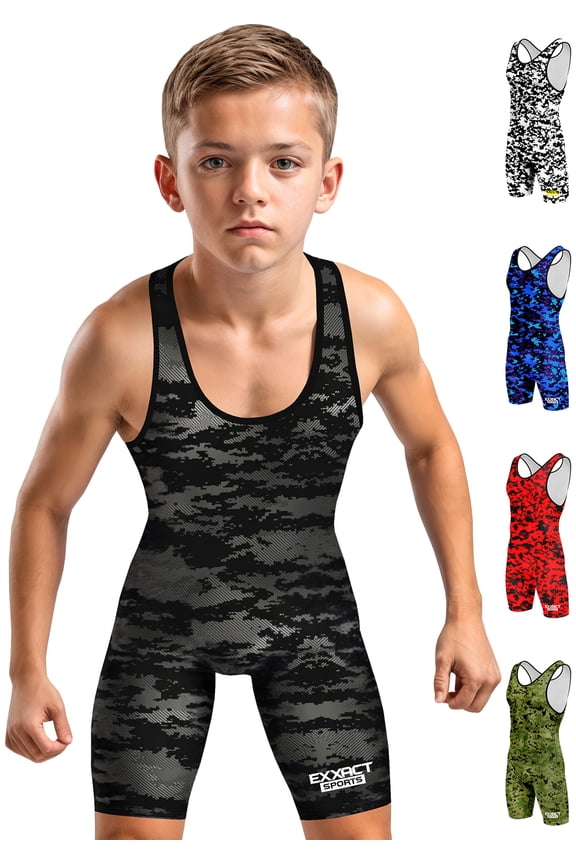 Digital Camouflage Youth Wrestling Singlet For Boys, Premium Powerlifting Singlet, Kids Wrestling Singlets For Training (YL, Black Camo)