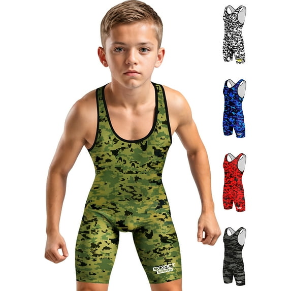 Exxact Sports Digital Camouflage Youth Wrestling Singlet For Boys, Premium Powerlifting Singlet, Kids Wrestling Singlets For Training (YL, Green Camo)