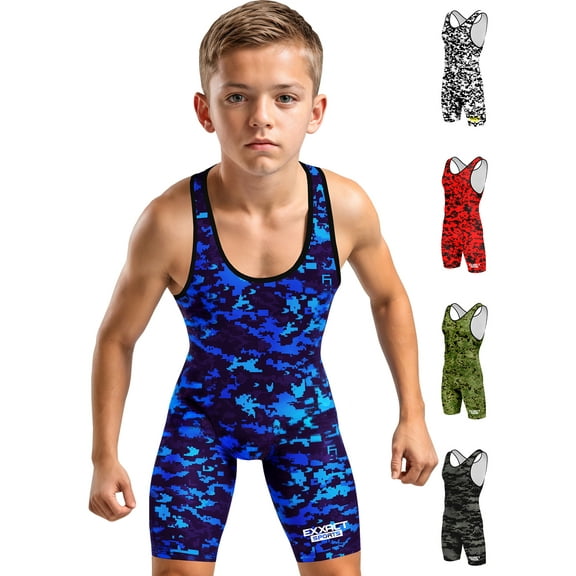 Exxact Sports Digital Camouflage Youth Wrestling Singlet For Boys, Premium Powerlifting Singlet, Kids Wrestling Singlets For Training (YXS, Blue Camo)