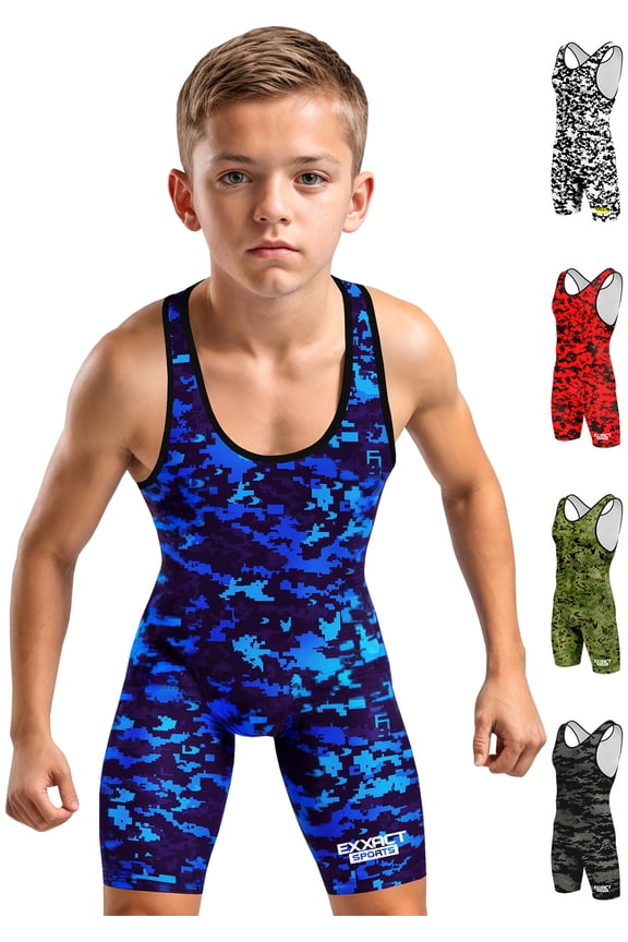 Digital Camouflage Youth Wrestling Singlet For Boys, Premium Powerlifting Singlet, Kids Wrestling Singlets For Training (YS, Blue Camo)