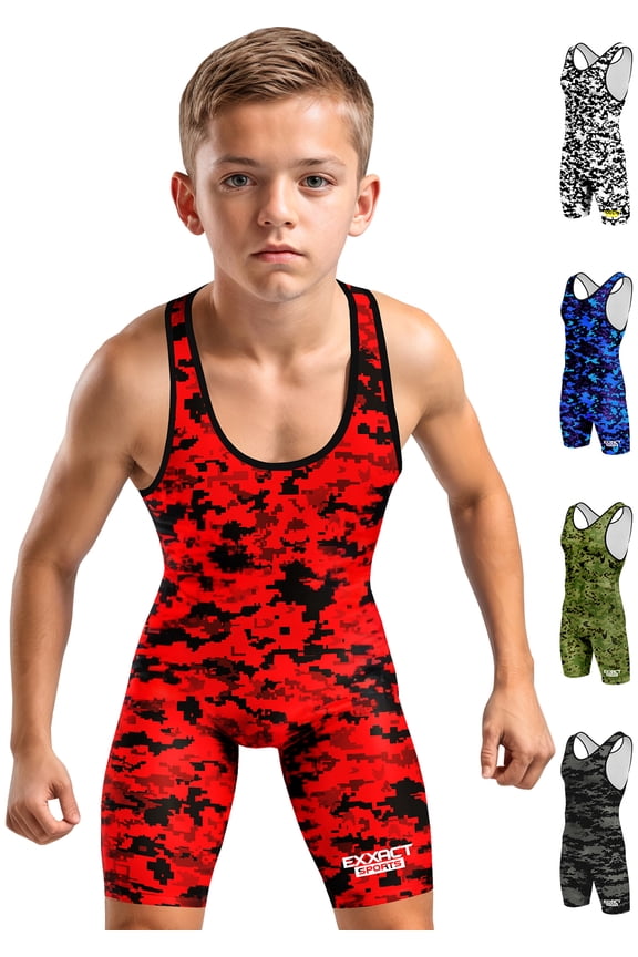 Digital Camouflage Youth Wrestling Singlet For Boys, Premium Powerlifting Singlet, Kids Wrestling Singlets For Training (YS, Red Camo)