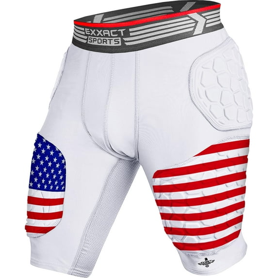 Exxact Sports Elite 5-Pad Adult Football Girdle for Men with Cup Pocket, Padded Compression Shorts with Integrated Hip, Thigh, Tailbone Pads, Men's Girdle Football (A3XL, Patriot)