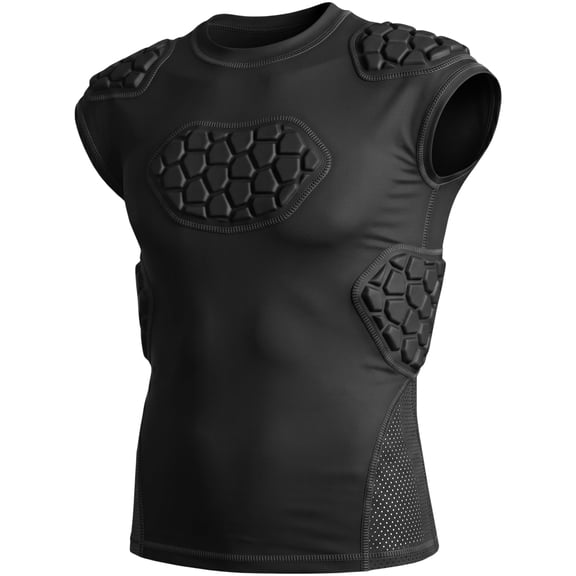 Exxact Sports Elite 6-Pad Adult Padded Football Shirt with Chest, Shoulder, Ribs & Spine Protection, Mens Football Padded Compression Shirt (Black, Adult Medium)