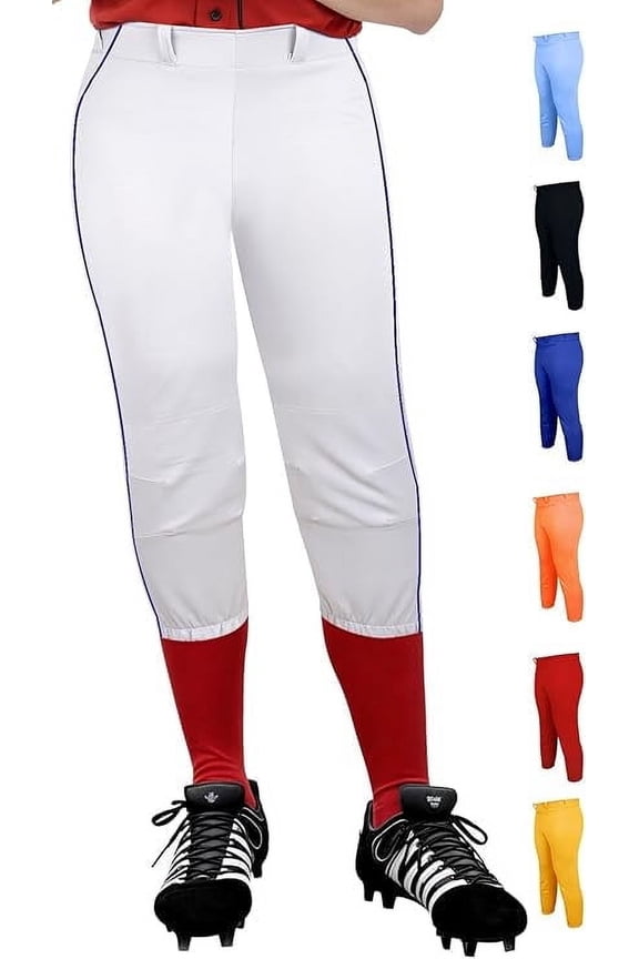 Girls Softball Pants Knicker/Yoga Style Knee Length, 4-Way Stretch Low Rise Youth Softball Pants for Girls - (YL, White/Navy Braid)