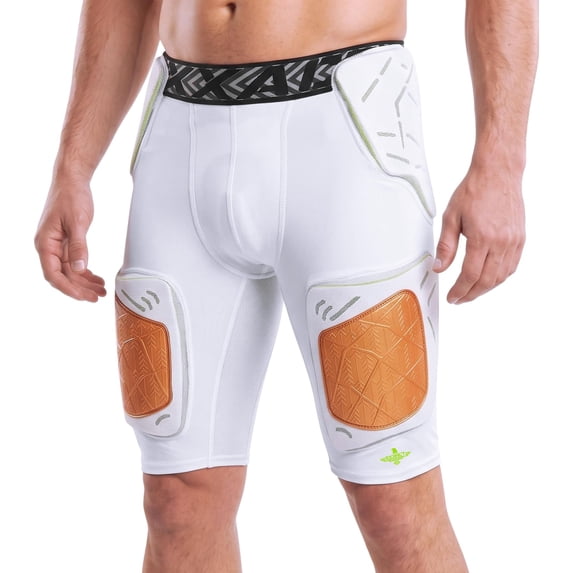 Exxact Sports Gladiator 5-Pad Adult Football Girdle for Men with Integrated Hip, Thighs, Tailbone Pads, Padded Compression Shorts, Mens Girdle Football with Cup Pocket (White/Bronze Gold, AS)