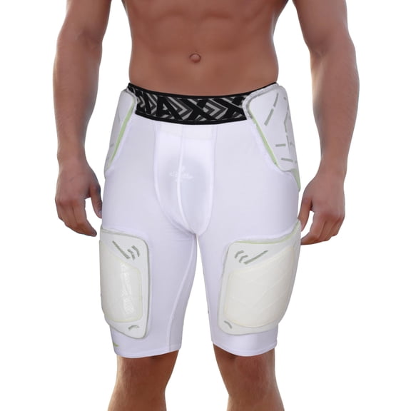 Exxact Sports Gladiator 5-Pad Adult Football Girdle for Men with Integrated Hip, Thighs, Tailbone Pads, Padded Compression Shorts, Mens Girdle Football with Cup Pocket (White, A4XL)