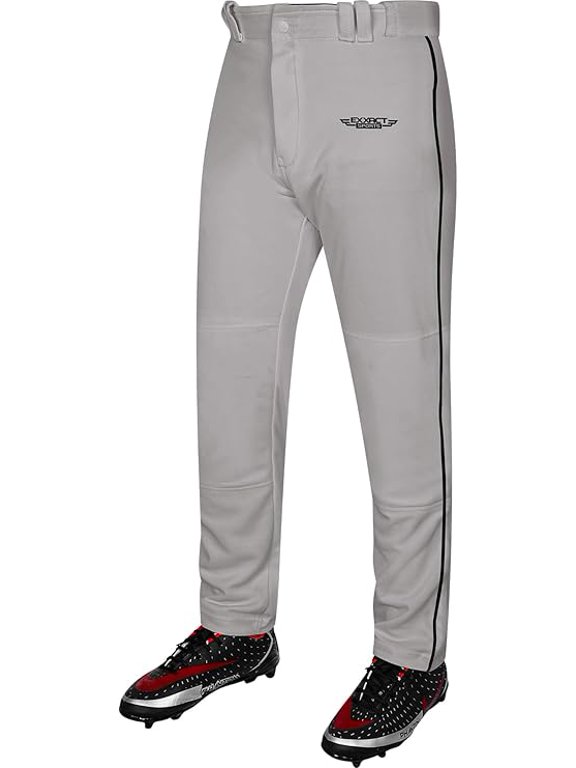Home Run Boys Baseball Pants with Piping - Full-Length, Semi-Relaxed Fit, Open-Bottom Youth Baseball Pants - (YL, Grey/Black Piping)