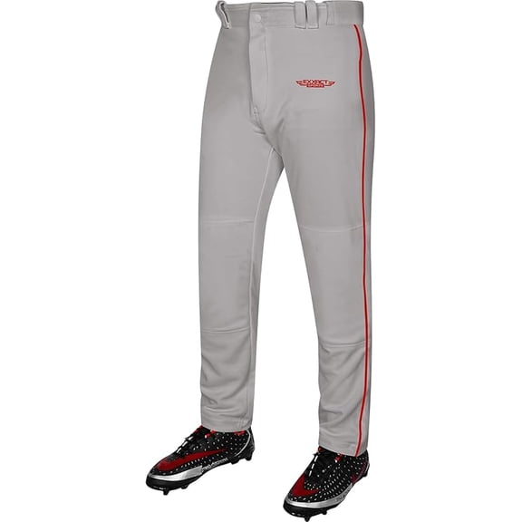 Exxact Sports Home Run Boys Baseball Pants with Piping - Full-Length, Semi-Relaxed Fit, Open-Bottom Youth Baseball Pants - (YM, Grey/Red Piping)