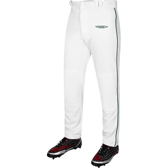 Exxact Sports Home Run Men's Baseball Pants with Piping - Full-Length, Semi-Relaxed Fit, Open-Bottom Adult Baseball Pants - (A2XL, White/Dark Green Piping)