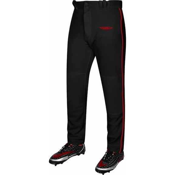 Exxact Sports Home Run Men's Baseball Pants with Piping - Full-Length, Semi-Relaxed Fit, Open-Bottom Adult Baseball Pants - (AL, Black/Red Piping)