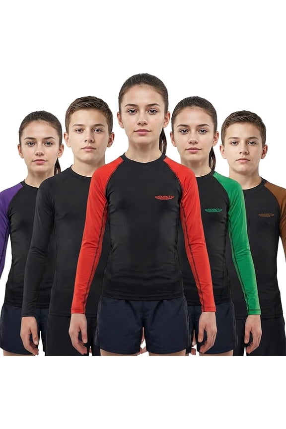 Kids BJJ Rash Guard Long Sleeve, Ranked No Gi Jiu Jitsu Compression Shirt for Boys & Girls for MMA, Wrestling - (Black/Red, YXL)