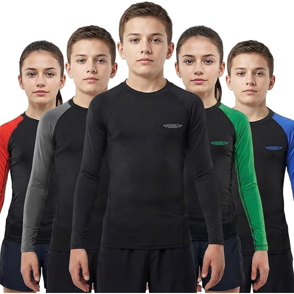 Exxact Sports Kids BJJ Rash Guard Long Sleeve, Ranked No Gi Jiu Jitsu Compression Shirt for Boys & Girls for MMA, Wrestling - (Black, YL)