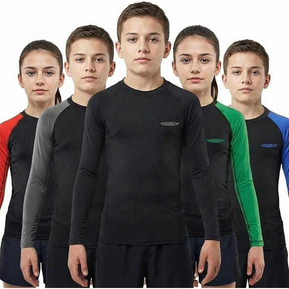 Exxact Sports Kids BJJ Rash Guard Long Sleeve, Ranked No Gi Jiu Jitsu Compression Shirt for Boys & Girls for MMA, Wrestling - (Black, YS)