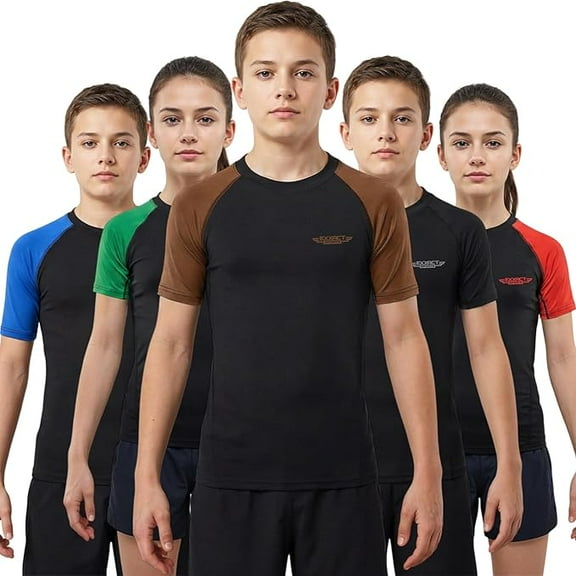 Exxact Sports Kids BJJ Rash Guard Short Sleeve, Ranked No Gi Jiu Jitsu Compression Shirt for Boys & Girls for MMA, Wrestling - (Black/Brown, YL)