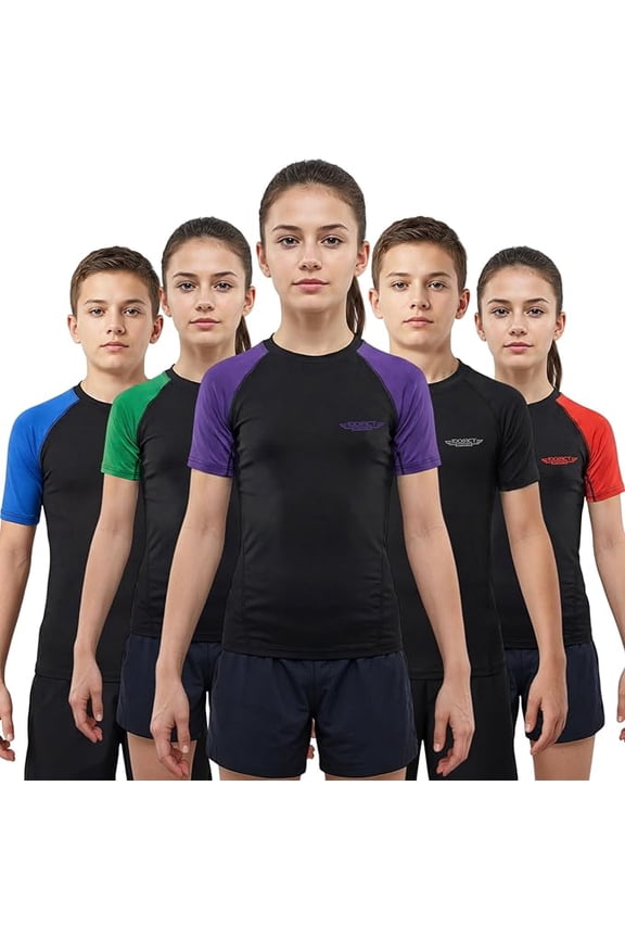 Kids BJJ Rash Guard Short Sleeve, Ranked No Gi Jiu Jitsu Compression Shirt for Boys & Girls for MMA, Wrestling - (Black/Purple, YS)