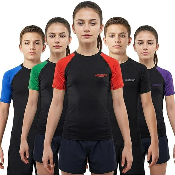 Exxact Sports Kids BJJ Rash Guard Short Sleeve, Ranked No Gi Jiu Jitsu Compression Shirt for Boys & Girls for MMA, Wrestling - (Black/Red, YL)