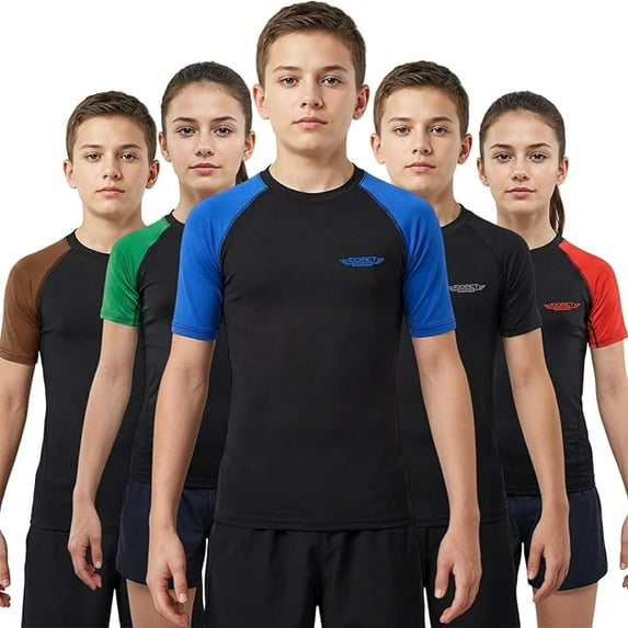 Exxact Sports Kids BJJ Rash Guard Short Sleeve, Ranked No Gi Jiu Jitsu Compression Shirt for Boys & Girls for MMA, Wrestling - (Black/Royal Blue, YL)