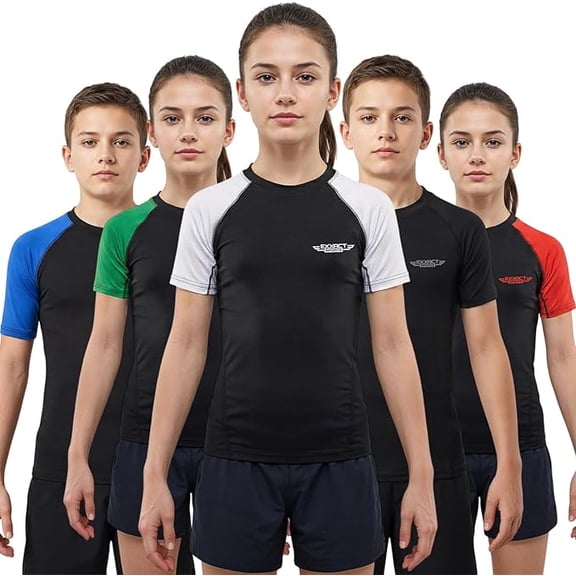 Exxact Sports Kids BJJ Rash Guard Short Sleeve, Ranked No Gi Jiu Jitsu Compression Shirt for Boys & Girls for MMA, Wrestling - (Black/White, YXS)