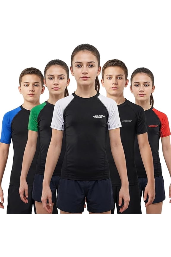 Kids BJJ Rash Guard Short Sleeve, Ranked No Gi Jiu Jitsu Compression Shirt for Boys & Girls for MMA, Wrestling - (Black/White, YXS)
