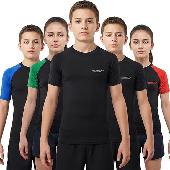 Exxact Sports Kids BJJ Rash Guard Short Sleeve, Ranked No Gi Jiu Jitsu Compression Shirt for Boys & Girls for MMA, Wrestling - (Black, YL)