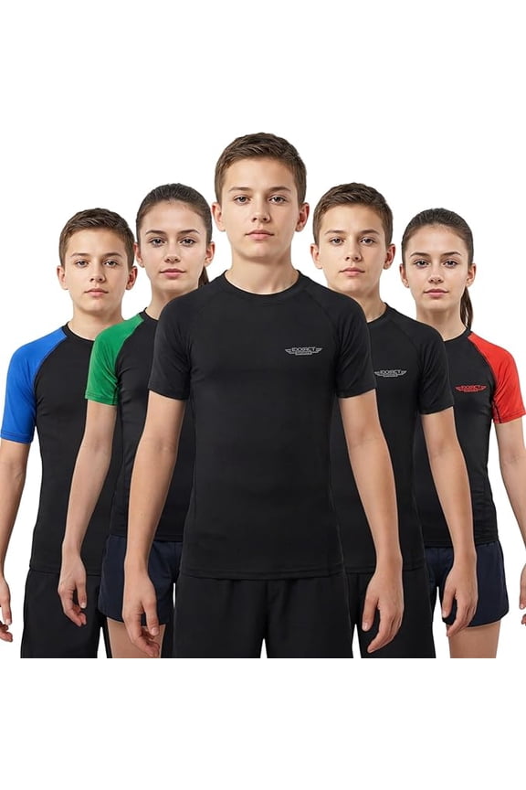Kids BJJ Rash Guard Short Sleeve, Ranked No Gi Jiu Jitsu Compression Shirt for Boys & Girls for MMA, Wrestling - (Black, YS)