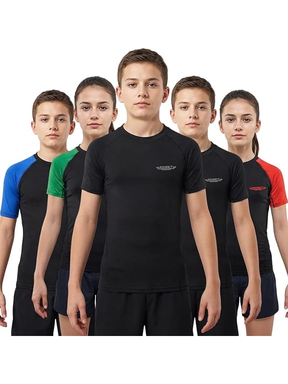 Kids BJJ Rash Guard Short Sleeve, Ranked No Gi Jiu Jitsu Compression Shirt for Boys & Girls for MMA, Wrestling - (Black, YS)