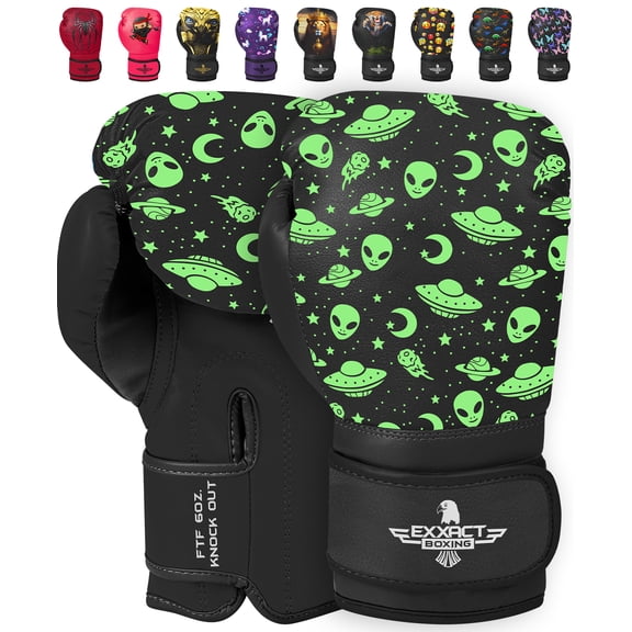 Exxact Sports Knockout Printed Youth Boxing Gloves for Kids (3-10 Years) with Padded Protection and Wrist Support, Durable Engineered Leather Kids Boxing Gloves (Alien, 4OZ)