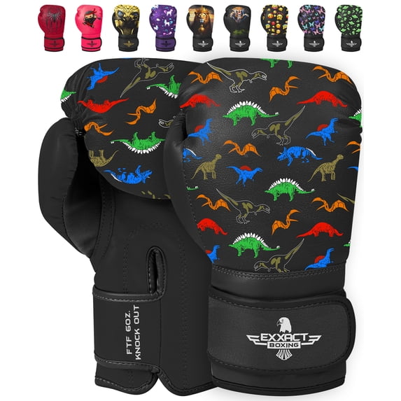 Exxact Sports Knockout Printed Youth Boxing Gloves for Kids (3-10 Years) with Padded Protection and Wrist Support, Durable Engineered Leather Kids Boxing Gloves (Dinosaur, 4OZ)