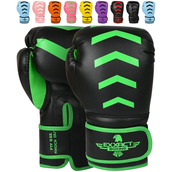 Exxact Sports Knockout Youth Boxing Gloves for Kids (3-15 Years) with Padded Protection and Wrist Support, Durable Engineered Leather Kids Boxing Gloves for Sparring (Black/Green, 4 OZ)