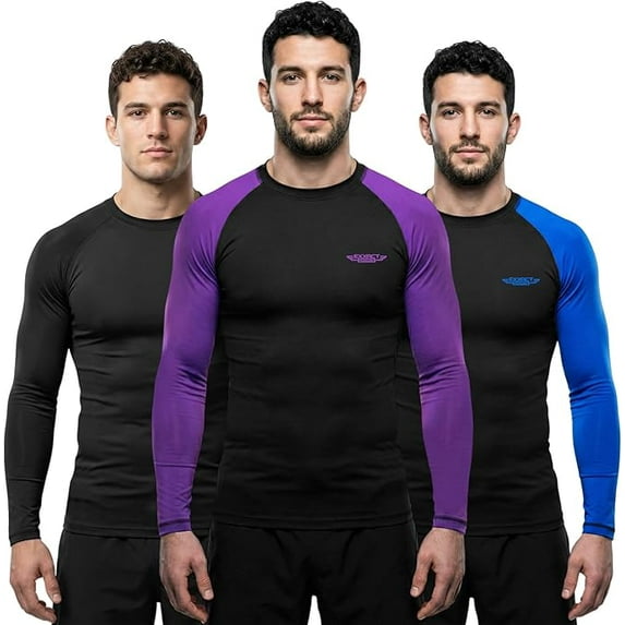 Exxact Sports Men’s BJJ Rash Guard Long Sleeve, IBJJF Ranked No Gi Jiu Jitsu Compression Shirt for MMA Grappling & Wrestling - (Black/Purple, AL)
