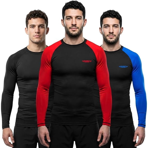 Exxact Sports Men’s BJJ Rash Guard Long Sleeve, IBJJF Ranked No Gi Jiu Jitsu Compression Shirt for MMA Grappling & Wrestling - (Black/Red, AS)