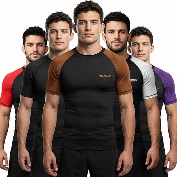 Exxact Sports Men’s BJJ Rash Guard Short Sleeve, IBJJF Ranked No Gi Jiu Jitsu Compression Shirt for MMA Grappling & Training - (Black/Brown, AXL)
