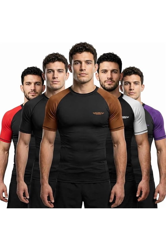 Men’s BJJ Rash Guard Short Sleeve, IBJJF Ranked No Gi Jiu Jitsu Compression Shirt for MMA Grappling & Training - (Black/Brown, AXL)