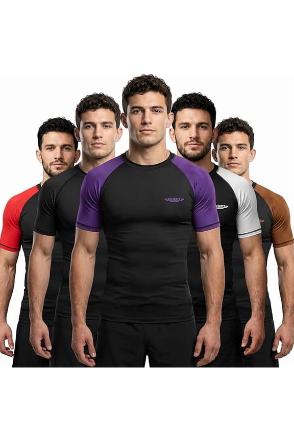 Men’s BJJ Rash Guard Short Sleeve, IBJJF Ranked No Gi Jiu Jitsu Compression Shirt for MMA Grappling & Training - (Black/Purple, AS)